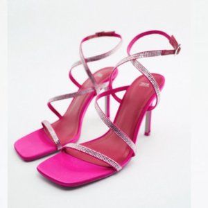 Zara Heeled Sandals With Rhinestone Straps Fuchsia Sz 7.5 NWT